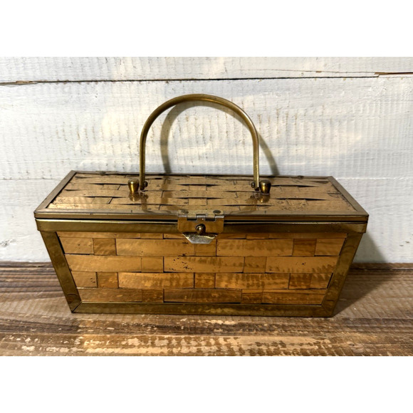 Vintage Mid Century Brass Basket Weave Purse Handbag 9" x 3.5" x 7" - Picture 1 of 13